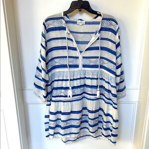 ASPIGA Sophia Cotton Kaftan Mini Dress In Blue White Swing Hem Size Medium